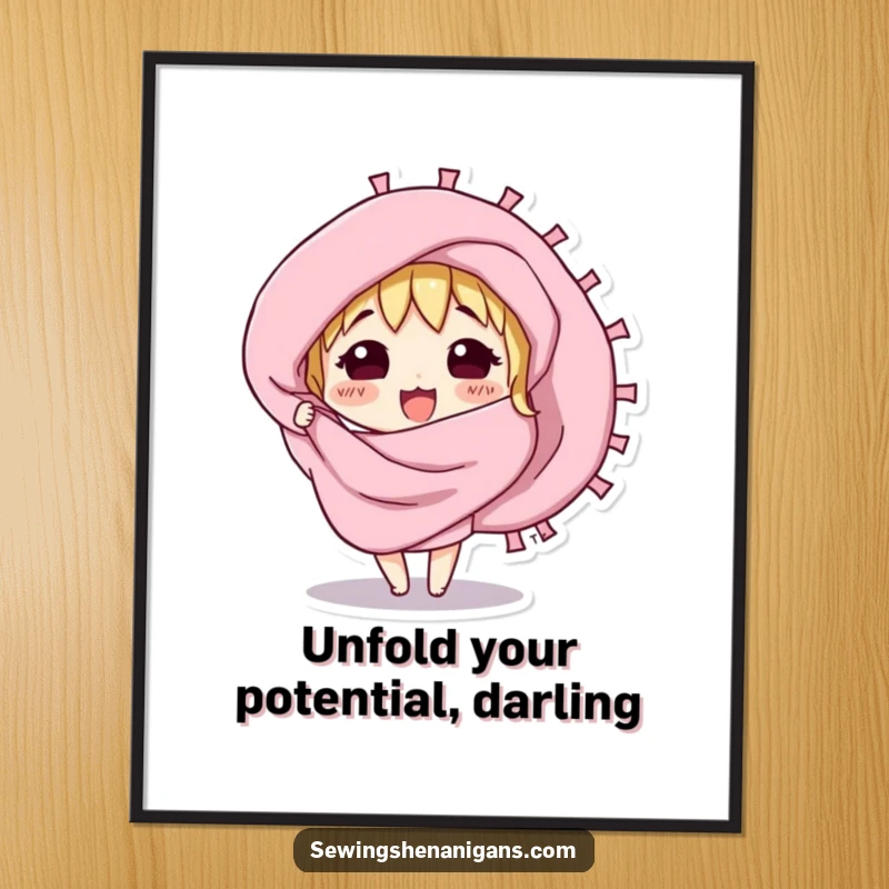 Funny Free Printable Wall Art: a curious fabric swatch character excitedly unfurling, revealing a tapestry of bright colors and patterns.