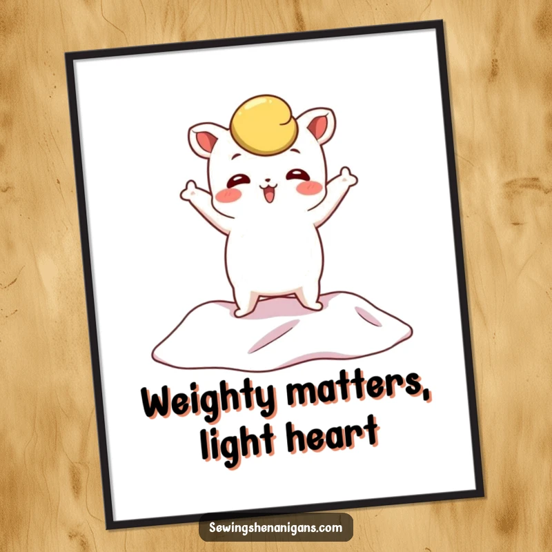 Funny Free Printable Wall Art of a whimsical pattern weight character striking a theatrical pose on a draped piece of fabric.