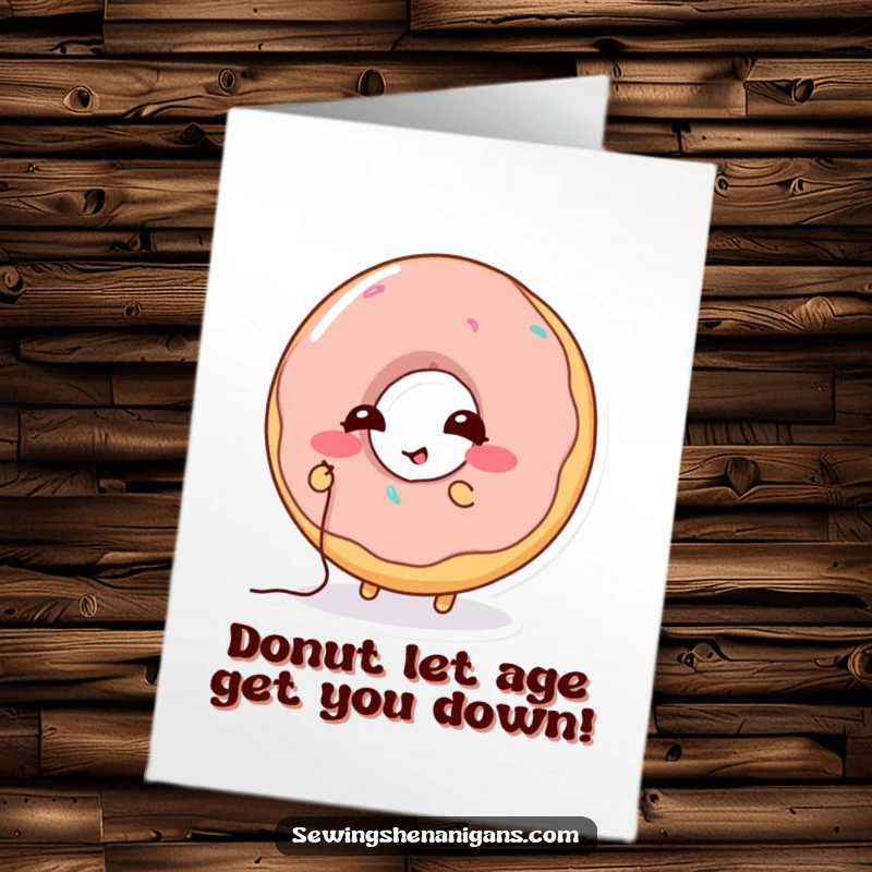 Funny Free Printable Donut Birthday Card with a giggling donut character trying to stitch its own hole.