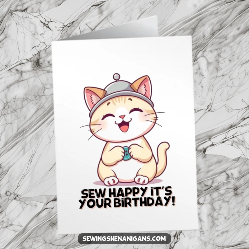 Funny Free Printable Birthday Card: Cheerful cat wearing a thimble hat, diligently sewing a button with a needle.