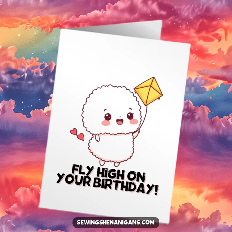 Funny Free Printable Birthday Card: A happy pincushion uses a fabric scrap as a kite, soaring joyfully, perfect for crafters.