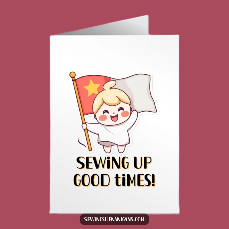 Free Printable Birthday Card: Flag Sewing Character, Cheerful Downloadable Gift