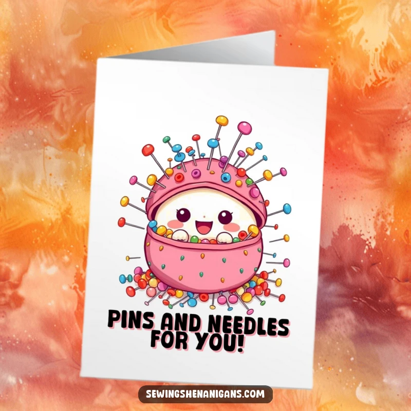 Funny Free Printable Birthday Card with a cute pincushion character bursting with colorful pins, ready to send birthday cheer.