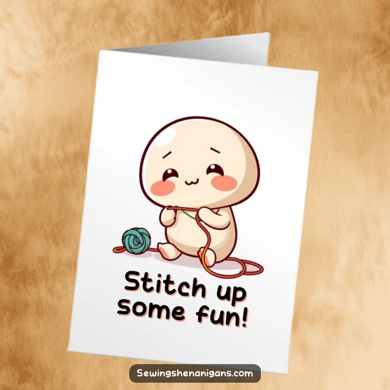 Funny Free Printable Birthday Card with a giggling needle character enthusiastically threading colorful string, sewing a smile.