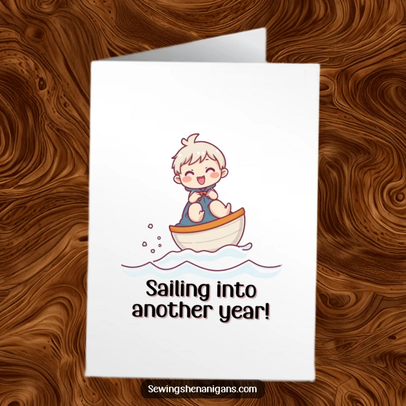 Funny Free Printable Birthday Card: Giggling character sailing a thimble boat on fabric, a whimsical and humorous celebration.