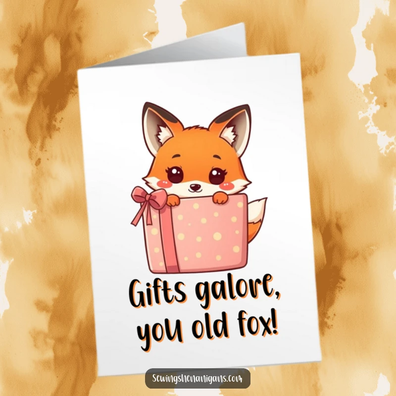 Funny Free Printable Birthday Card: Cute kawaii fox peeking from behind a giant gift, ready to surprise.