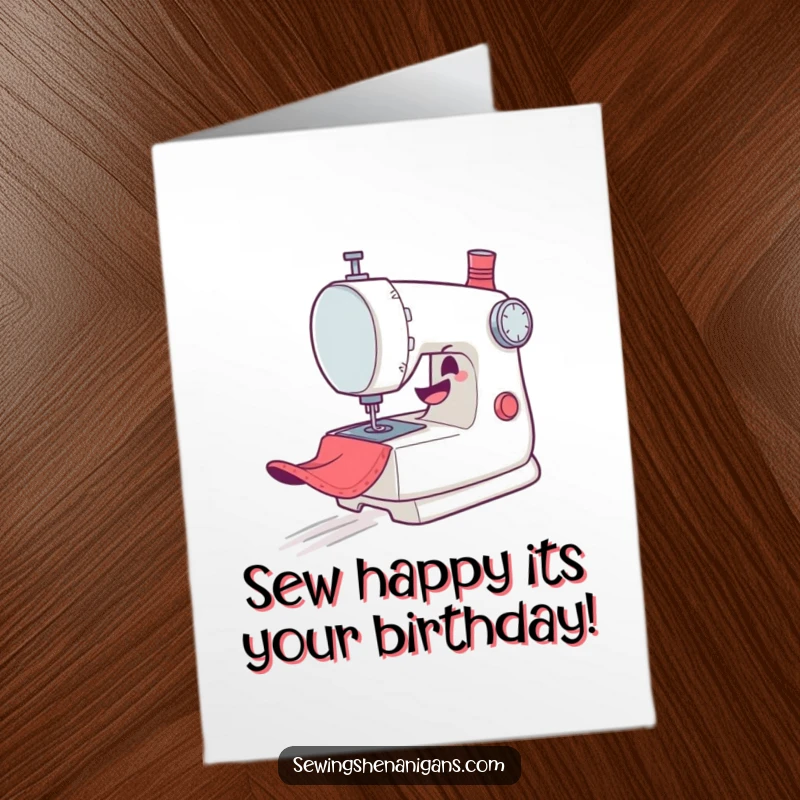 Funny Free Printable Birthday Card: A mischievous sewing machine character gleefully zooming across fabric.