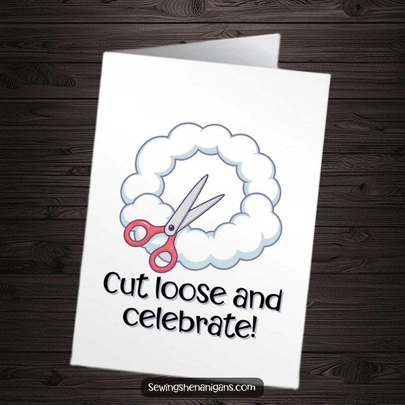 Funny Free Printable Birthday Card: Scissors humorously attempt to cut a perfect circle into a fluffy cloud, a surreal birthday wish.