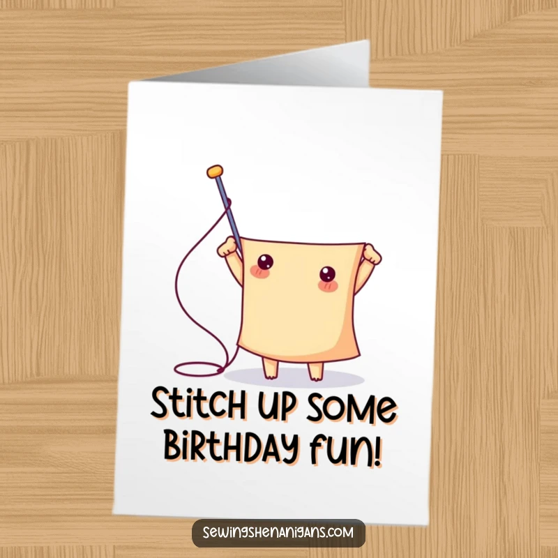 Funny Free Printable Birthday Card shows a cute needle character triumphantly threading enormous fabric, celebrating a big accomplishment.