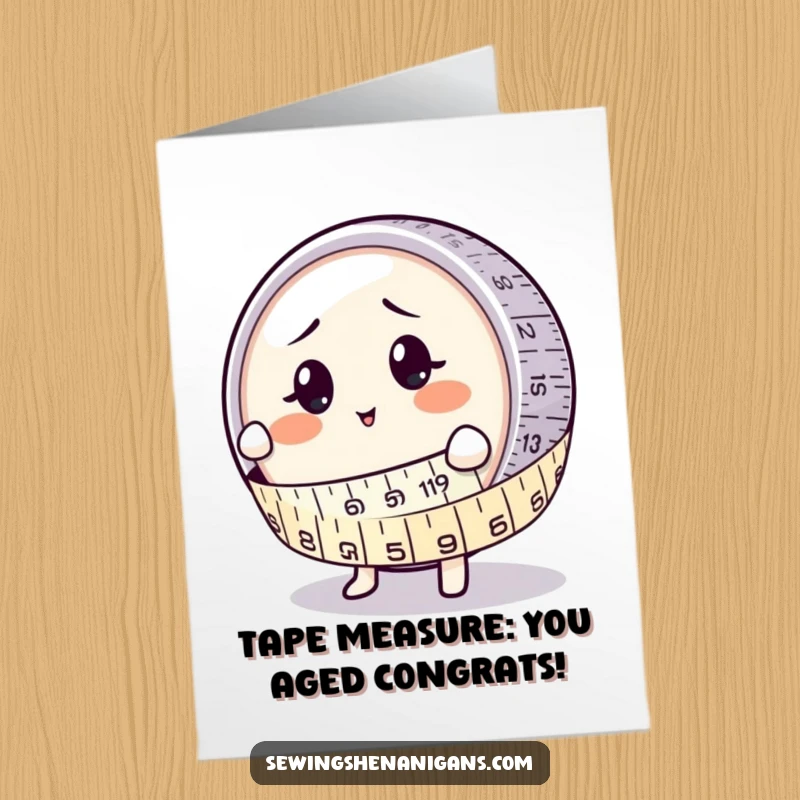 Funny Free Printable Birthday Card: A bewildered button being hugged by a happy measuring tape character, measuring tape card.