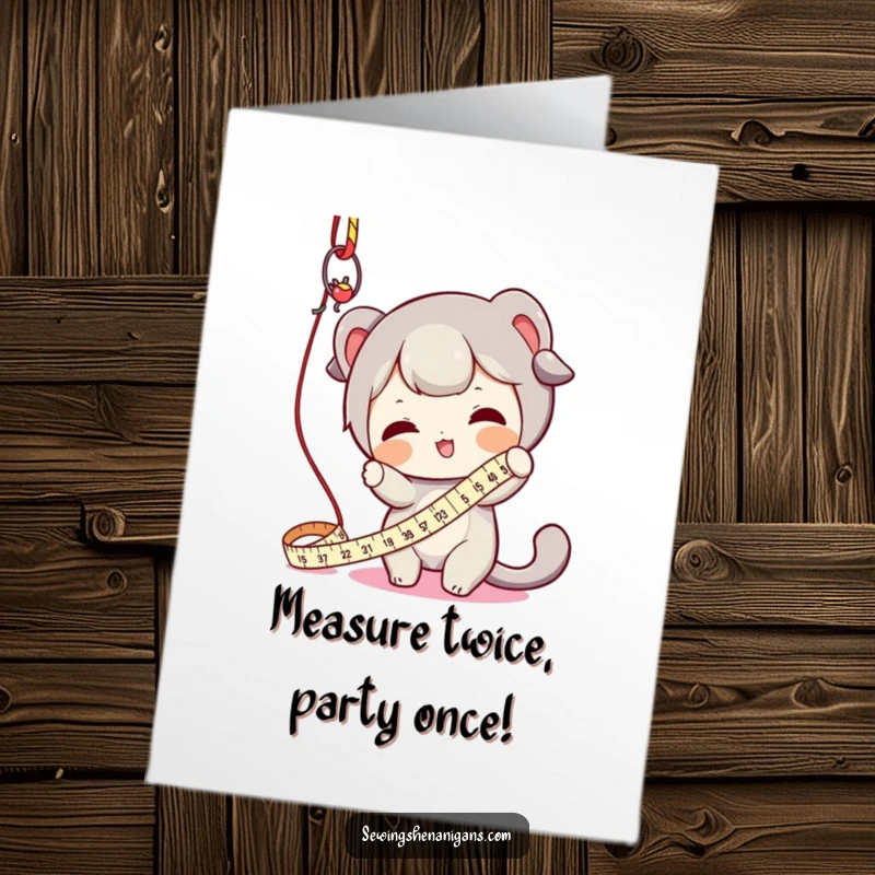 Funny Free Printable Birthday Card: Character playfully batting a dangling measuring tape, signifying celebration, DIY greeting.