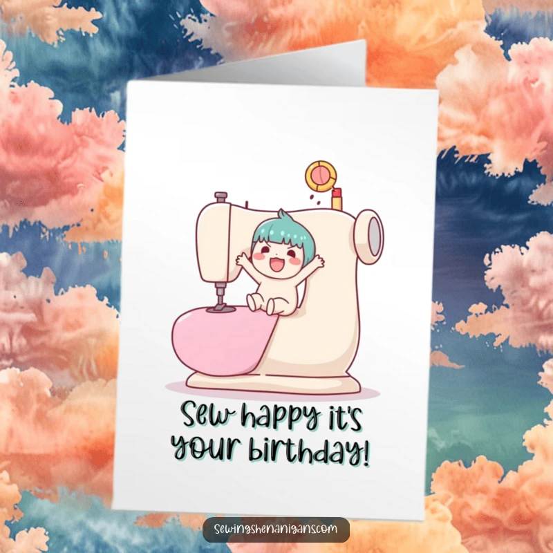 Funny Free Printable Birthday Card: Kawaii character gleefully bouncing a ball on a colossal sewing machine, radiating joy.