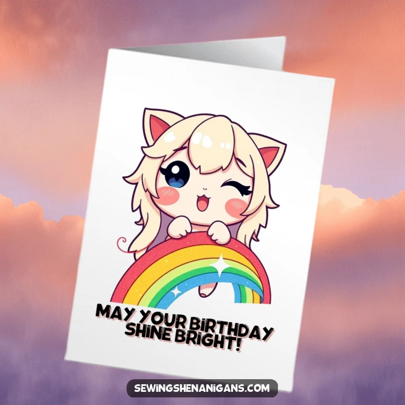 Funny Free Printable Birthday Card: A delighted character joyfully stitching a radiant rainbow using a shimmering, glowing thread.
