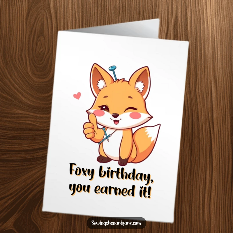 Funny Free Printable Birthday Card: A happy fox with a sewing pin gives a thumbs up, celebrating a crafty birthday.
