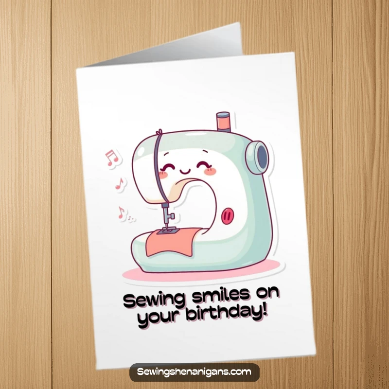Funny Free Printable Birthday Card: Playful sewing machine humming happily while stitching, creating a cheerful birthday message.