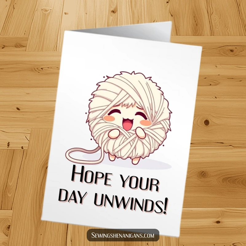 Funny Free Printable Birthday Card: A fluffy yarn ball comically unraveling itself into a messy, tangled state, wishing a happy birthday.