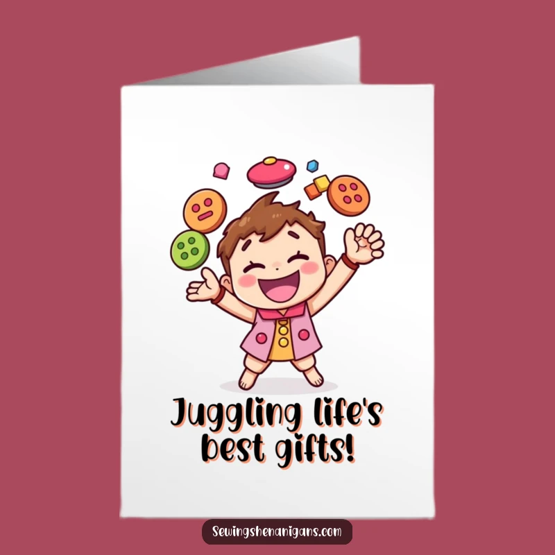 Free Printable Birthday Card: Button Juggler Character, Energetic Fun Downloadable Gift