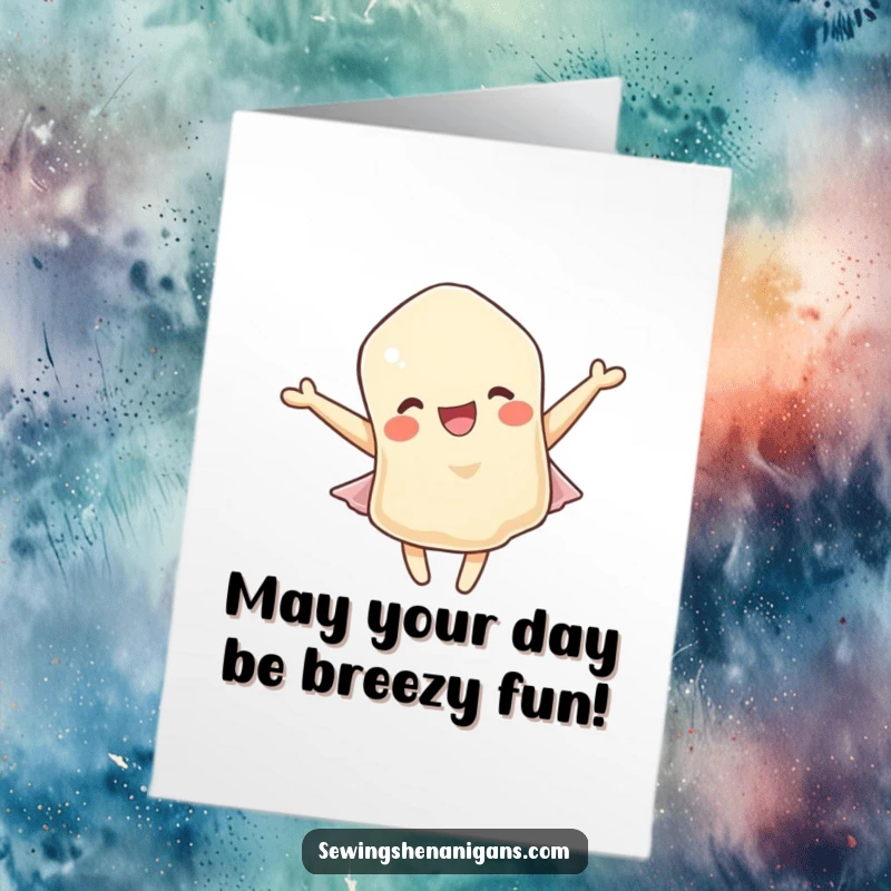 Funny Free Printable Birthday Card featuring a happy fabric scrap character blissfully fluttering in a gentle, whimsical breeze.