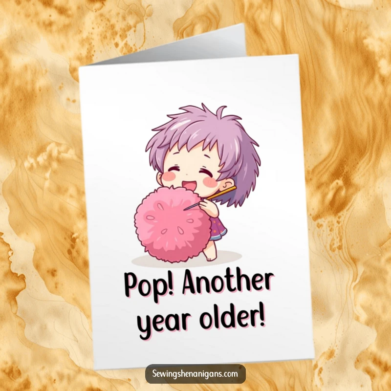 Funny Free Printable Birthday Card: Joyful character playfully pokes a huge, fluffy pom-pom with a sewing needle, anticipating fun.