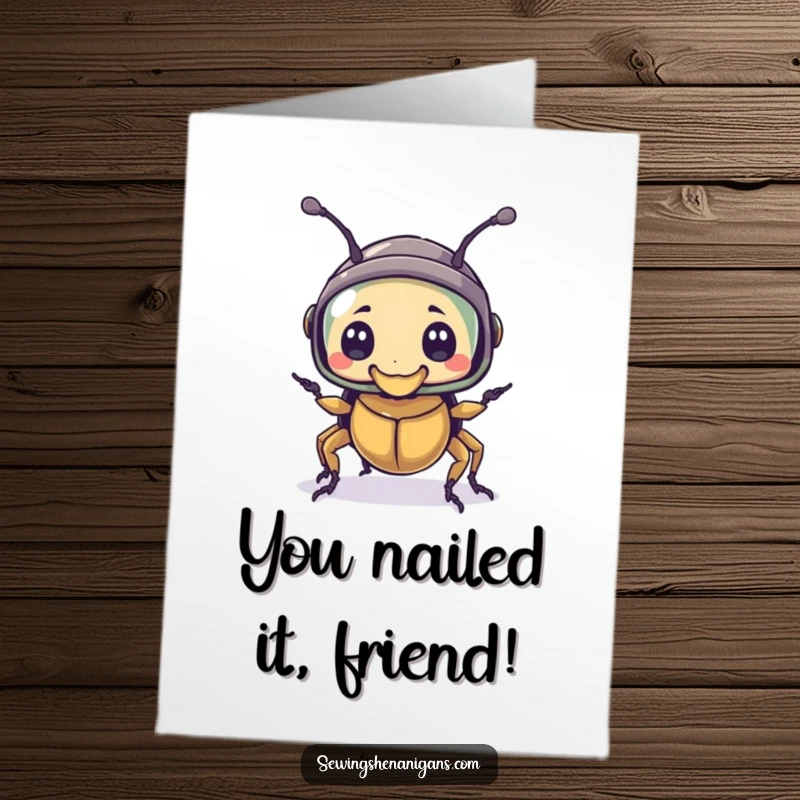 Funny Free Printable Congrats Card: A bewildered beetle confidently wears a thimble as a tiny helmet, celebrating a protected and successful endeavor.