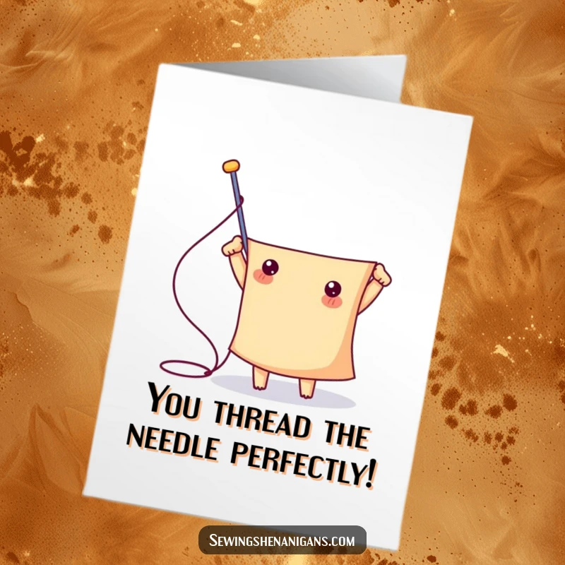 Funny Free Printable Congrats Card features a cute needle character triumphantly piercing a huge piece of fabric, symbolizing victory.