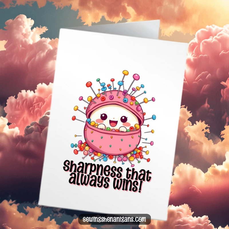 Funny Free Printable Congratulations Card featuring a happy pincushion character adorned with vibrant pins, celebrating success.
