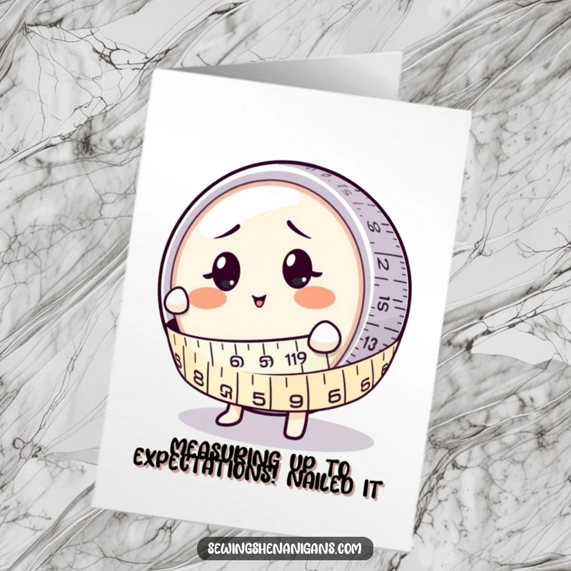 Funny Free Printable Congratulations Card: A joyful measuring tape character hugging a surprised button, measuring tape card.