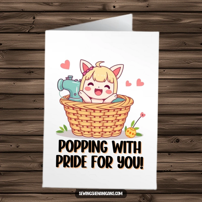 Funny Free Printable Congrats Card: Character popping out of a sewing basket, celebrating a perfectly executed craft project.
