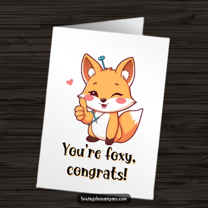Funny Free Printable Congrats Card: A cheerful fox with a sewing pin gives a thumbs up after a successful project.