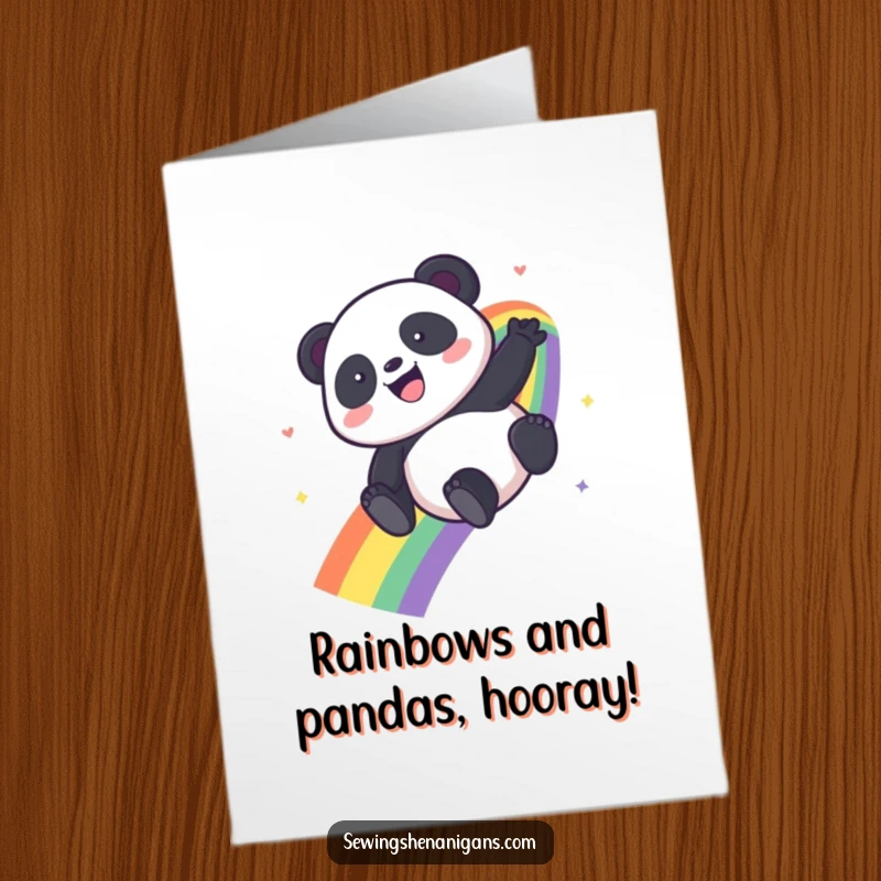 Funny Free Printable Congratulations Card: A kawaii panda joyfully slides down a vibrant rainbow, celebrating big wins.