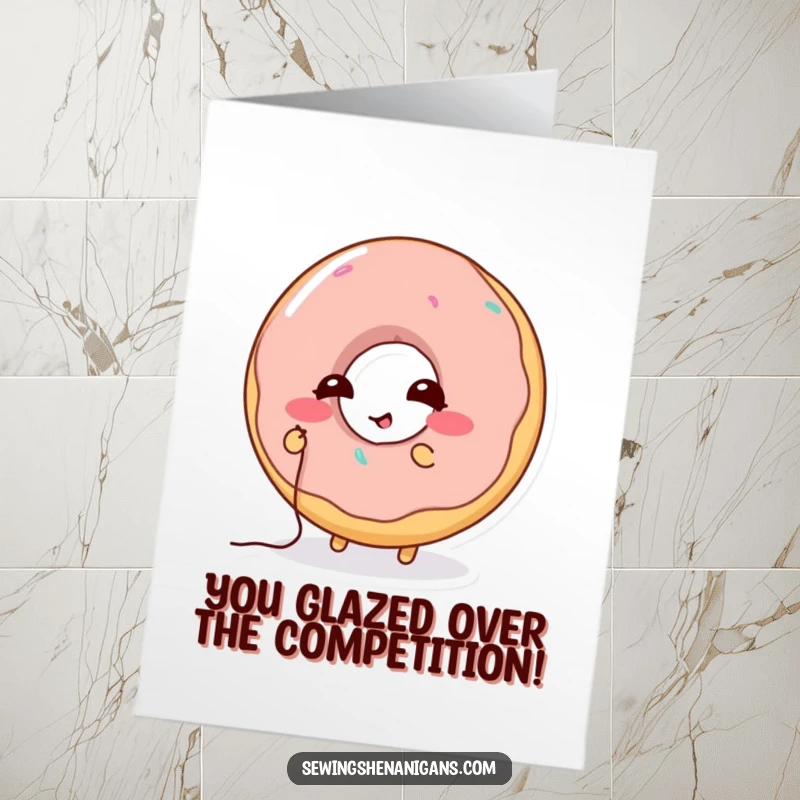 Funny Free Printable Donut Congratulations Card featuring a giggling donut character mending a hole with thread.