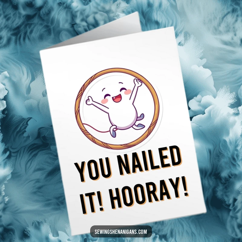 Funny Free Printable Congrats Card: Smiling needle character leaping through a thread hoop, celebrating success, a DIY gift.