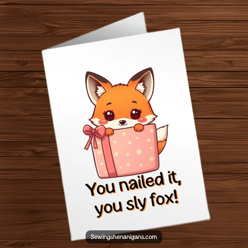Funny Free Printable Congrats Card: Adorable kawaii fox peeking from behind a colorful gift, celebrating success.