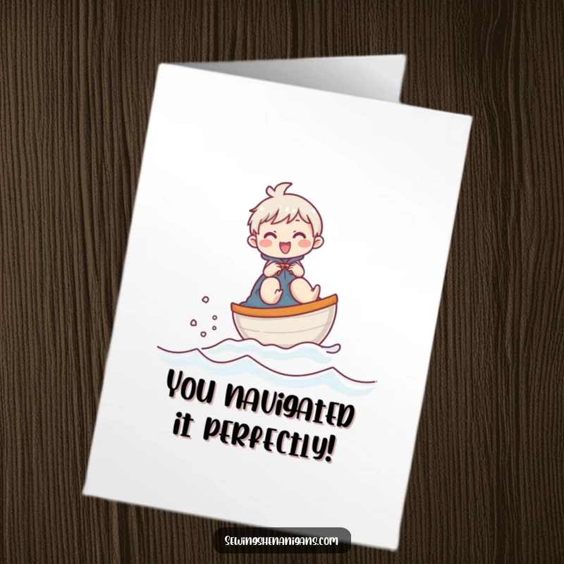 Funny Free Printable Congrats Card: Giggling character in a thimble boat, celebrating success with maritime humor.