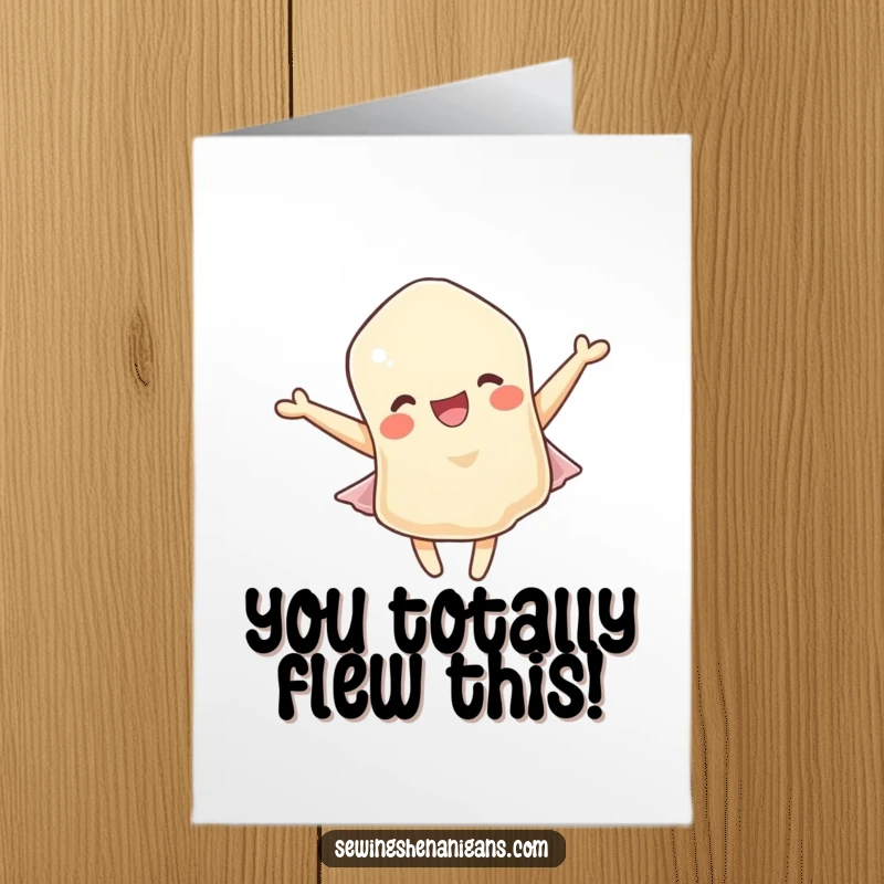 Funny Free Printable Congratulations Card showing a joyful fabric scrap character joyfully fluttering, celebrating a wonderful success.