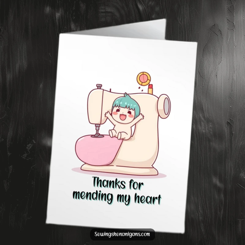 Funny Free Printable Thank You Card: A happy Kawaii character joyfully bouncing a ball atop a massive sewing machine.