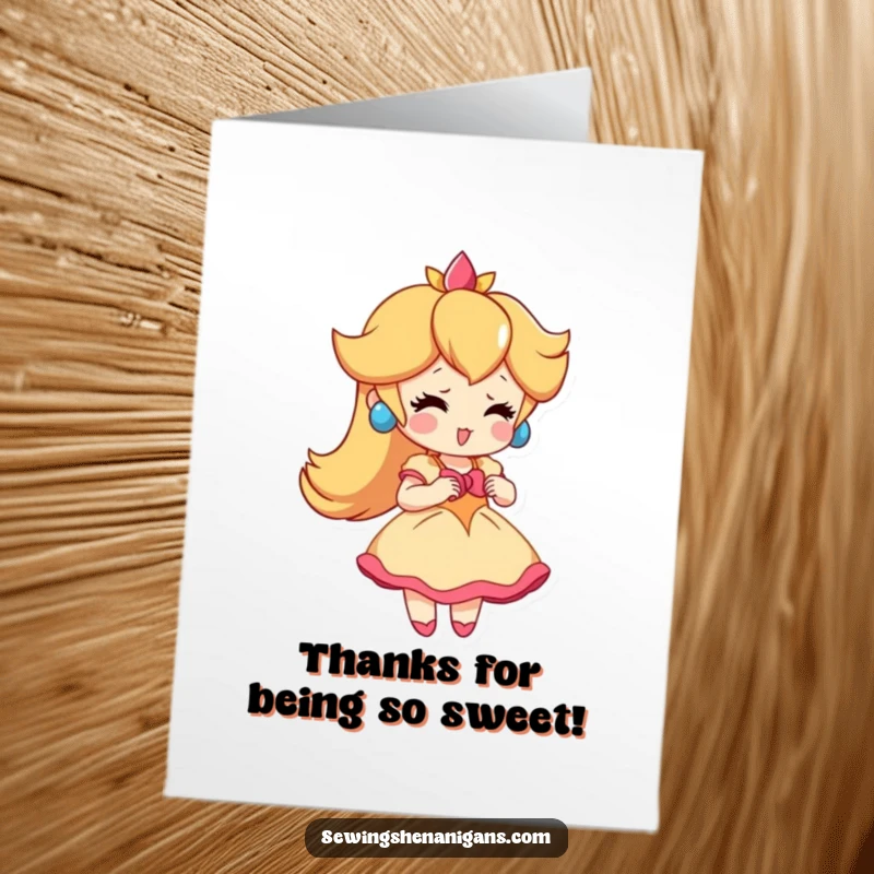 Funny Free Printable Peach Thank You Card showing a playful peach character modeling a tiny fashionable dress.
