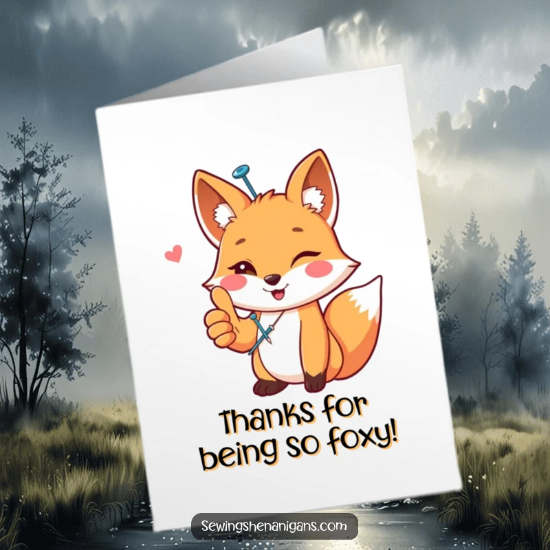 Funny Free Printable Thank You Card: A happy fox with a sewing pin signals thanks with a friendly thumbs up.