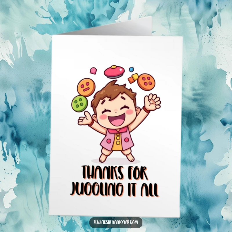 Funny Free Printable Thank You Card: Happy character juggling colorful buttons with energetic motion, a fun way to say thanks.