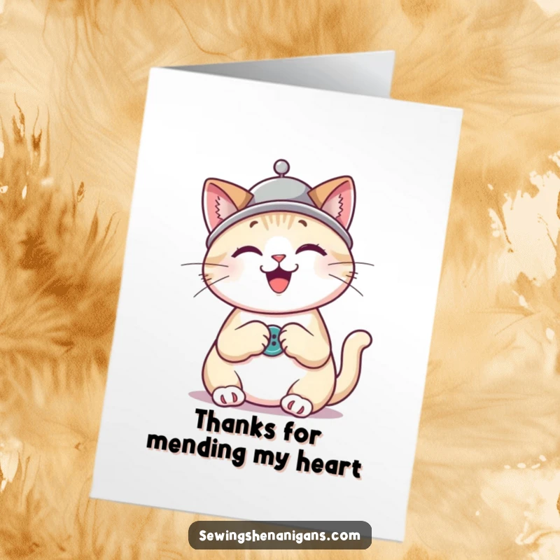 Funny Free Printable Thank You Card: Cute cat wearing a thimble hat, happily sewing a button, a stitch of gratitude.