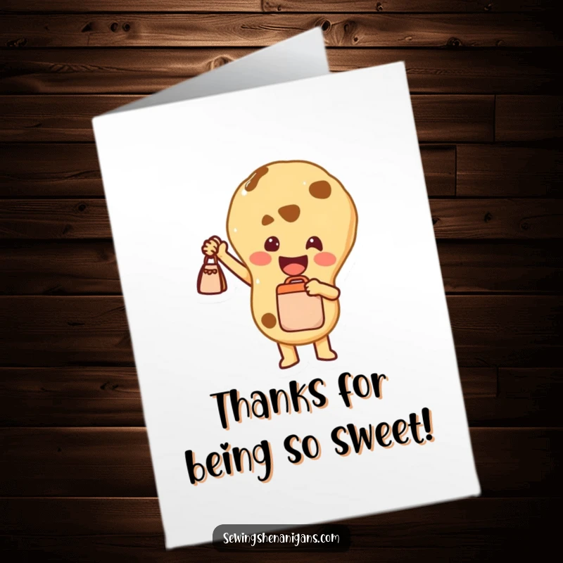 Funny Free Printable Thank You Card: A joyful Cookie character proudly holding up a tiny bag, offering sweet thanks.