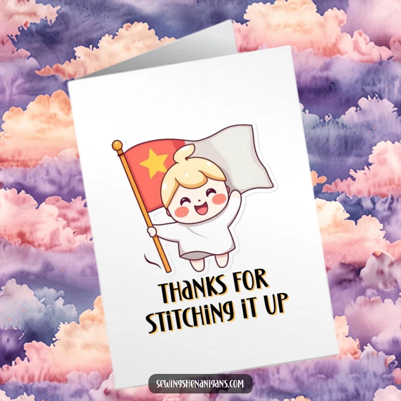 Funny Free Printable Thank You Card: Cheerful character sewing a smiling face onto a waving flag, a happy thank you.
