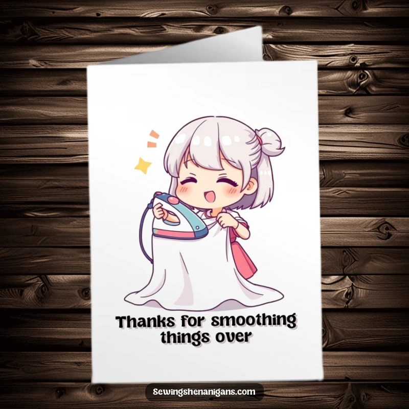 Funny Free Printable Thank You Card: Character enthusiastically ironing, showing appreciation with a smile, DIY gift.