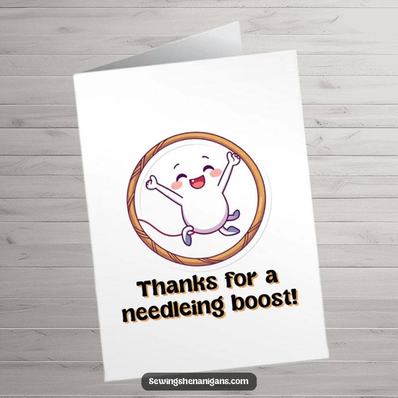 Funny Free Printable Thank You Card: Smiling needle character leaping through a thread hoop, showing thanks, a DIY gift.