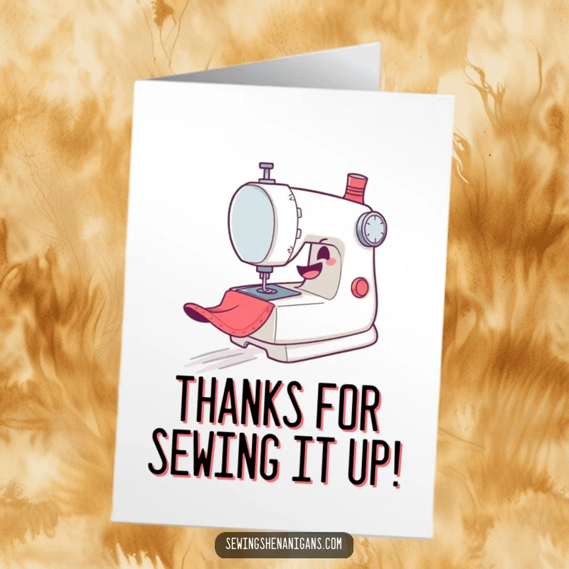 Funny Free Printable Thank You Card: A mischievous sewing machine character speeding across fabric with thanks.