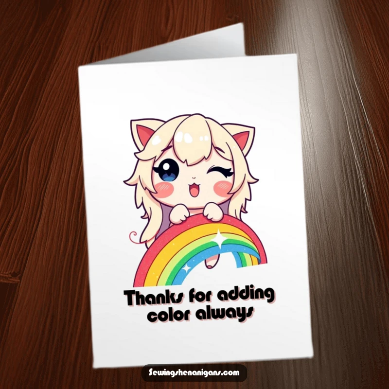 Funny Free Printable Thank You Card: A delighted character weaving a vibrant, shimmering rainbow with a glowing thread, expressing gratitude.