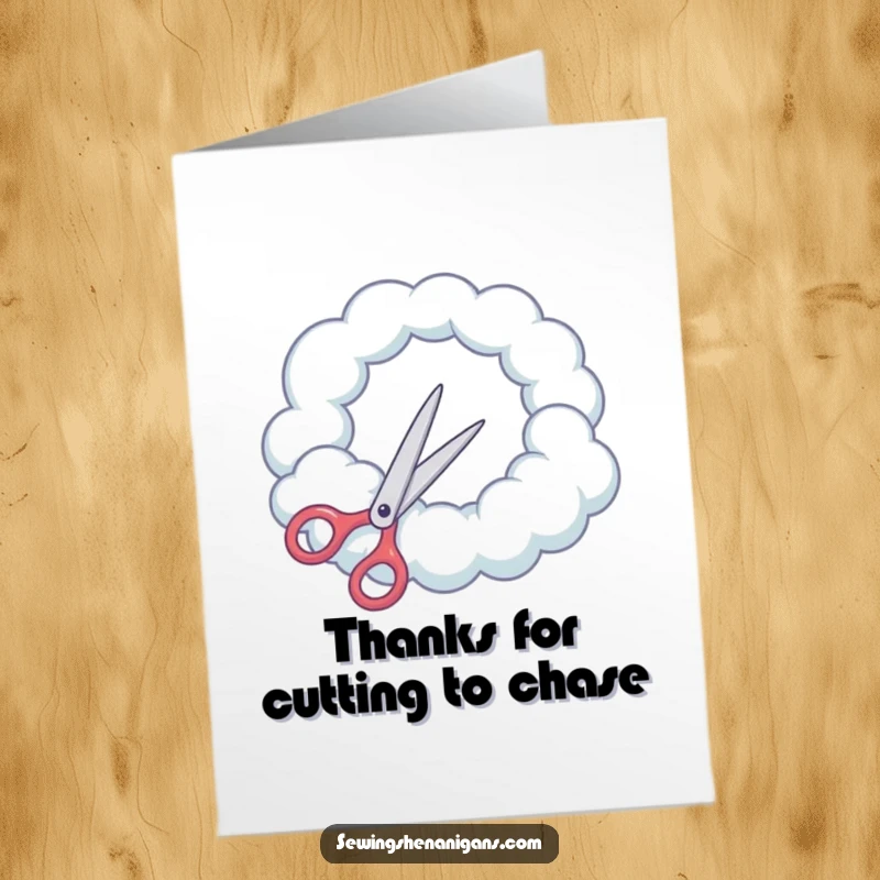 Funny Free Printable Thank You Card: Scissors attempt to cut a round opening in a cloud, a quirky and appreciative gesture.