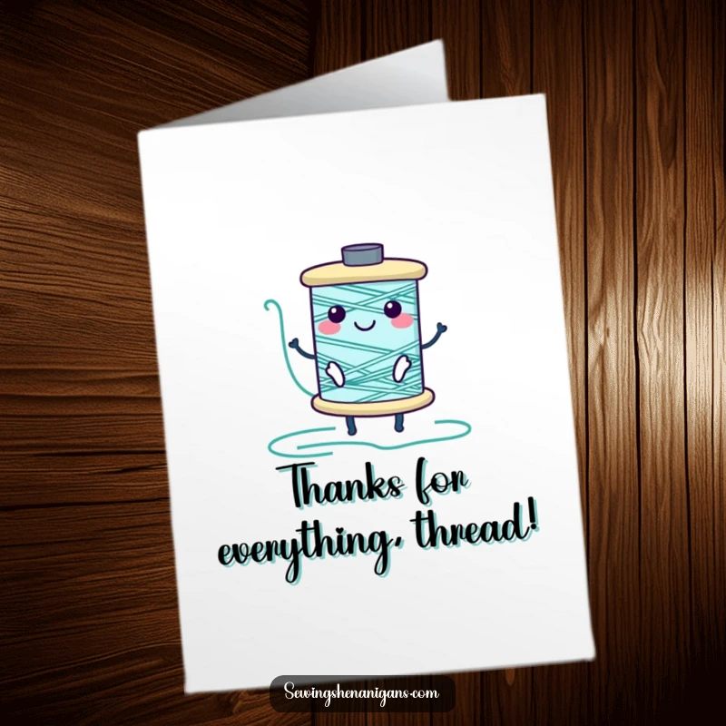 Funny Free Printable Thank You Card with a happy spool of thread unrolling into a long chain, expressing abundant thanks.