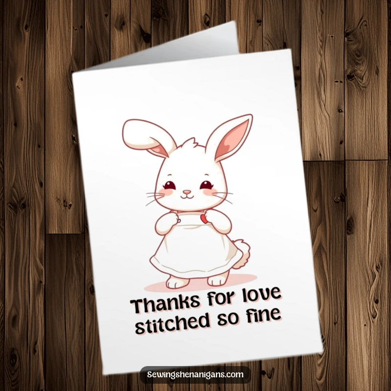 Funny Free Printable Thank You Card: Adorable bunny in an apron, stitching a tiny heart, a sweet thank you.