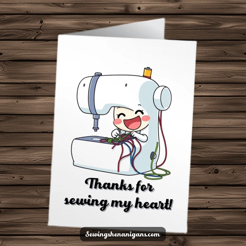 Funny Free Printable Thank You Card: Sewing machine character enthusiastically stitching colorful threads, expressing thanks, a DIY gift.